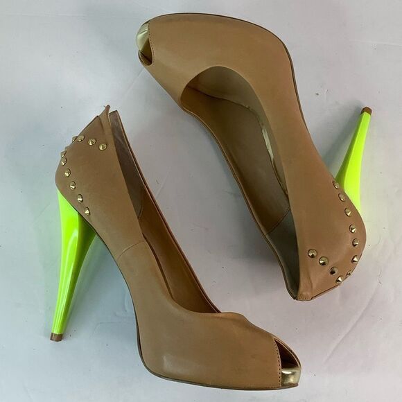 DMSX Donald J Pliner Latoya Tan/Green Neon Heels Peep Toe Stiletto Sz 8 - Picture 3 of 11